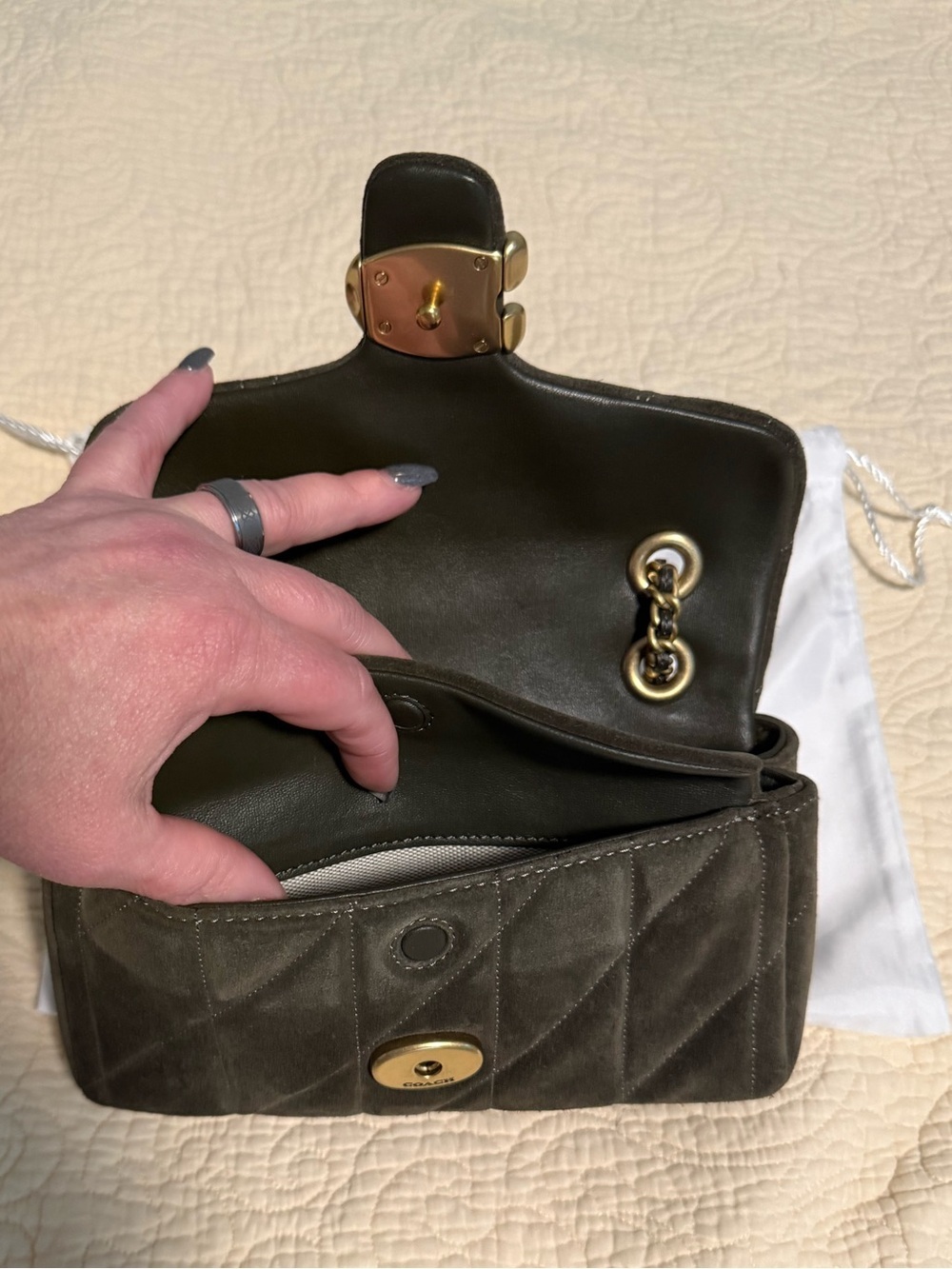Coach Tabby 2026 Quilted Shoulder Bag in Olive Green Swede with Gold Hardware! 😍 - Picture 13 of 14